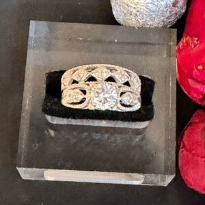 Avon Silver-Tone Filigree Wedding Ring Set with Clear Center Stone